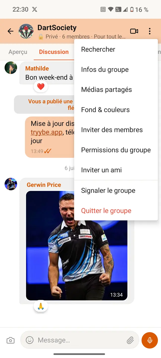 Menu de gestion d'un groupe dans l'application Tryybe