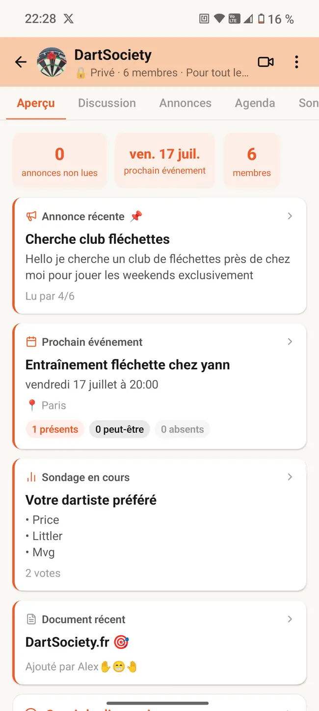Groupe Tryybe avec annonces, événements et sondages