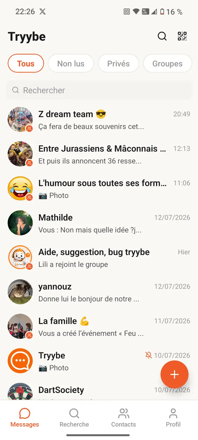 Application Tryybe : liste des discussions privées et de groupe